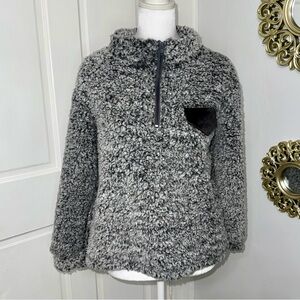 Gray Faux Fur Fleece 1/4 Zip Pullover Sweater with Black Pocket Mock Neck Size S